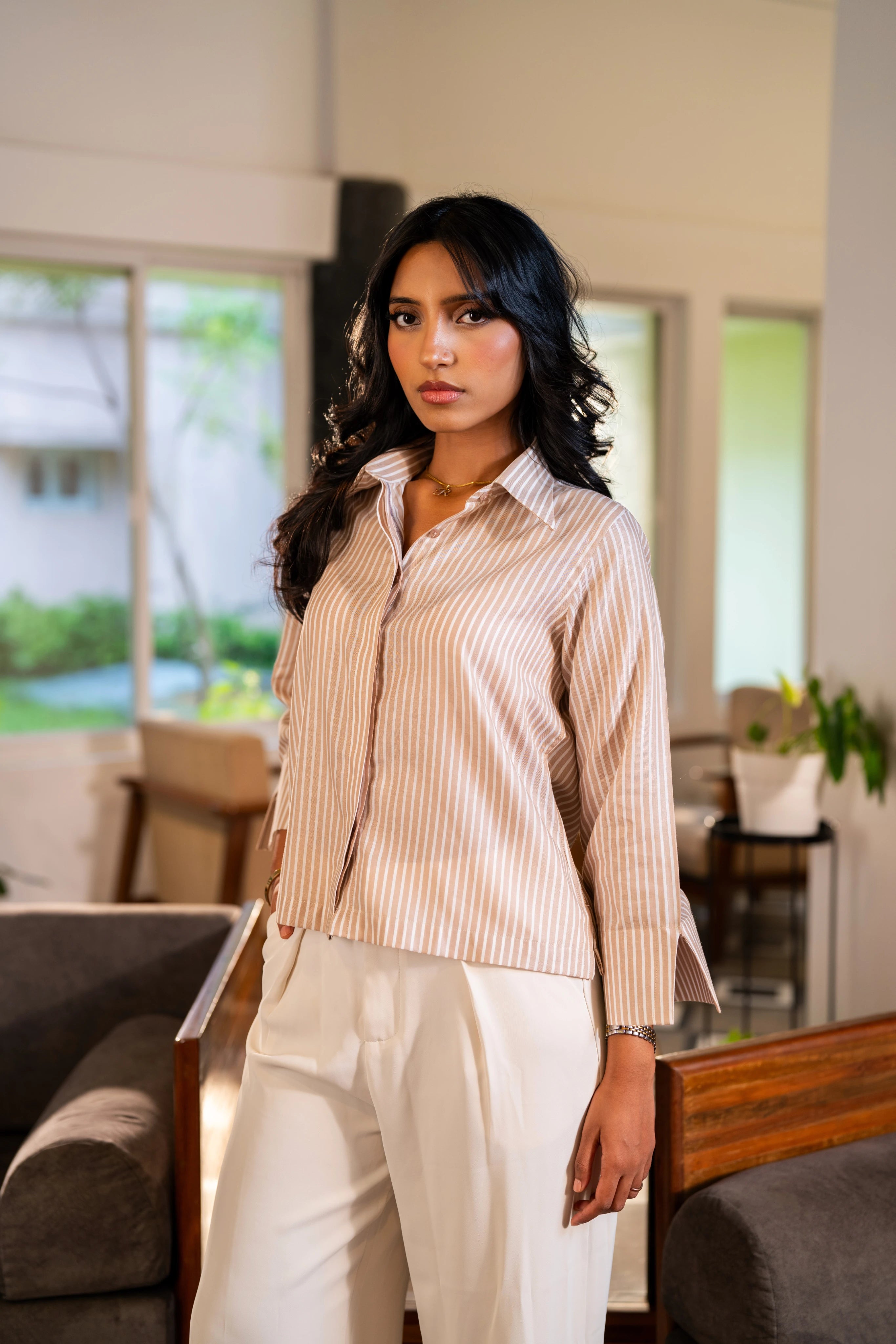 Beige Bengal Stripe - Women's Boxy-fit Shirt