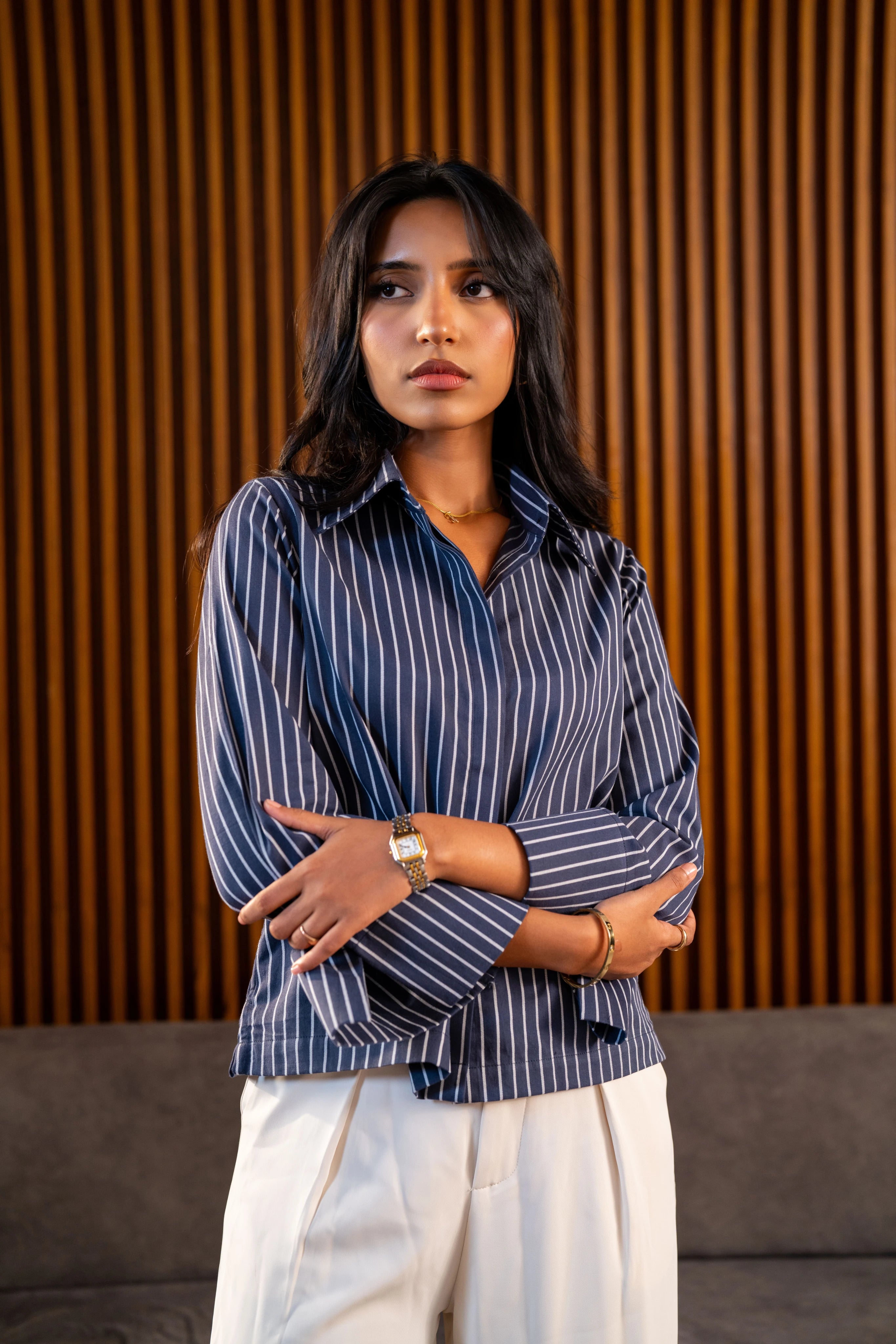 Navy Pinstripe - Women's Boxy-fit Shirt