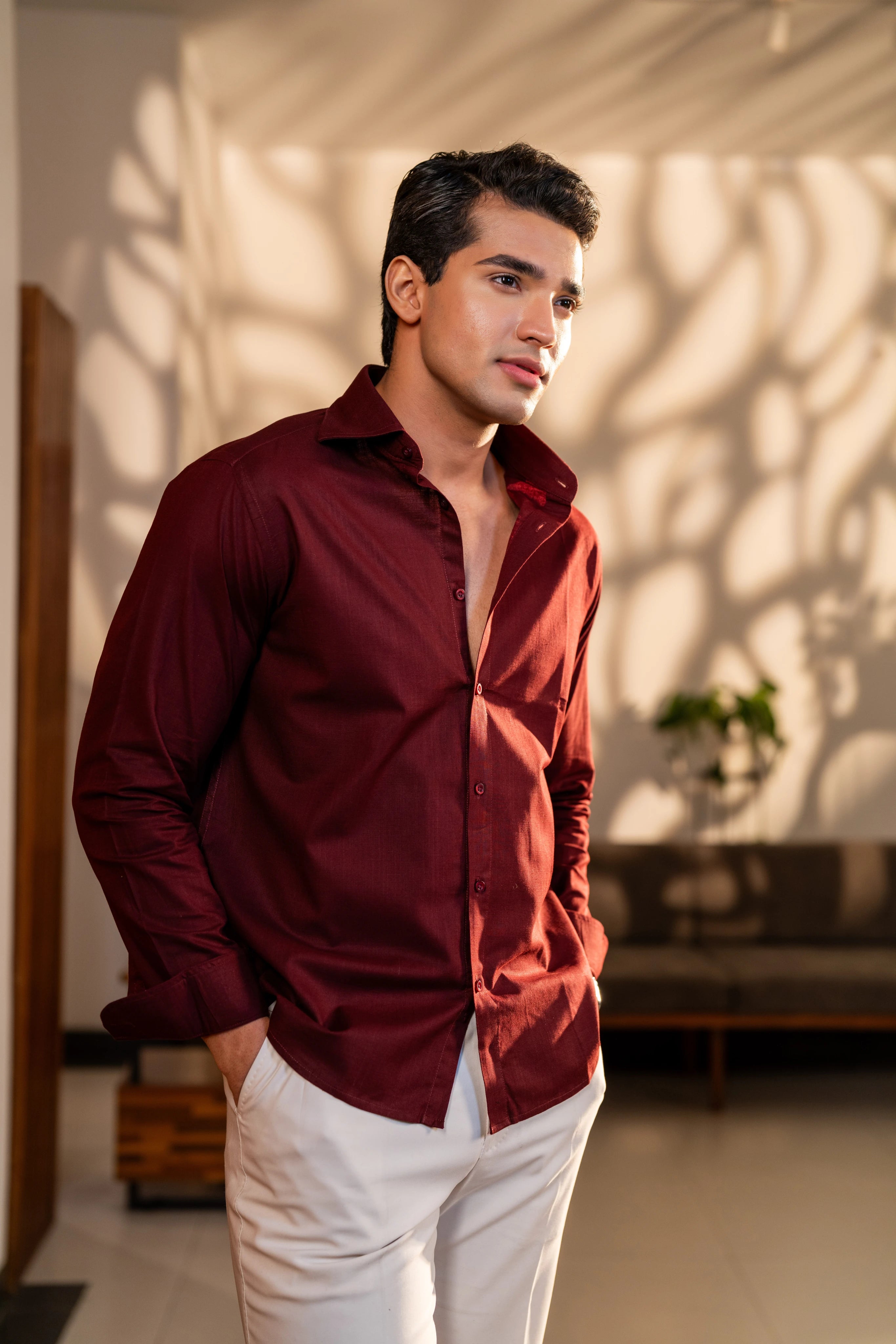 Maroon Linen - Men's Full Sleeve Shirt (Relaxed Fit)