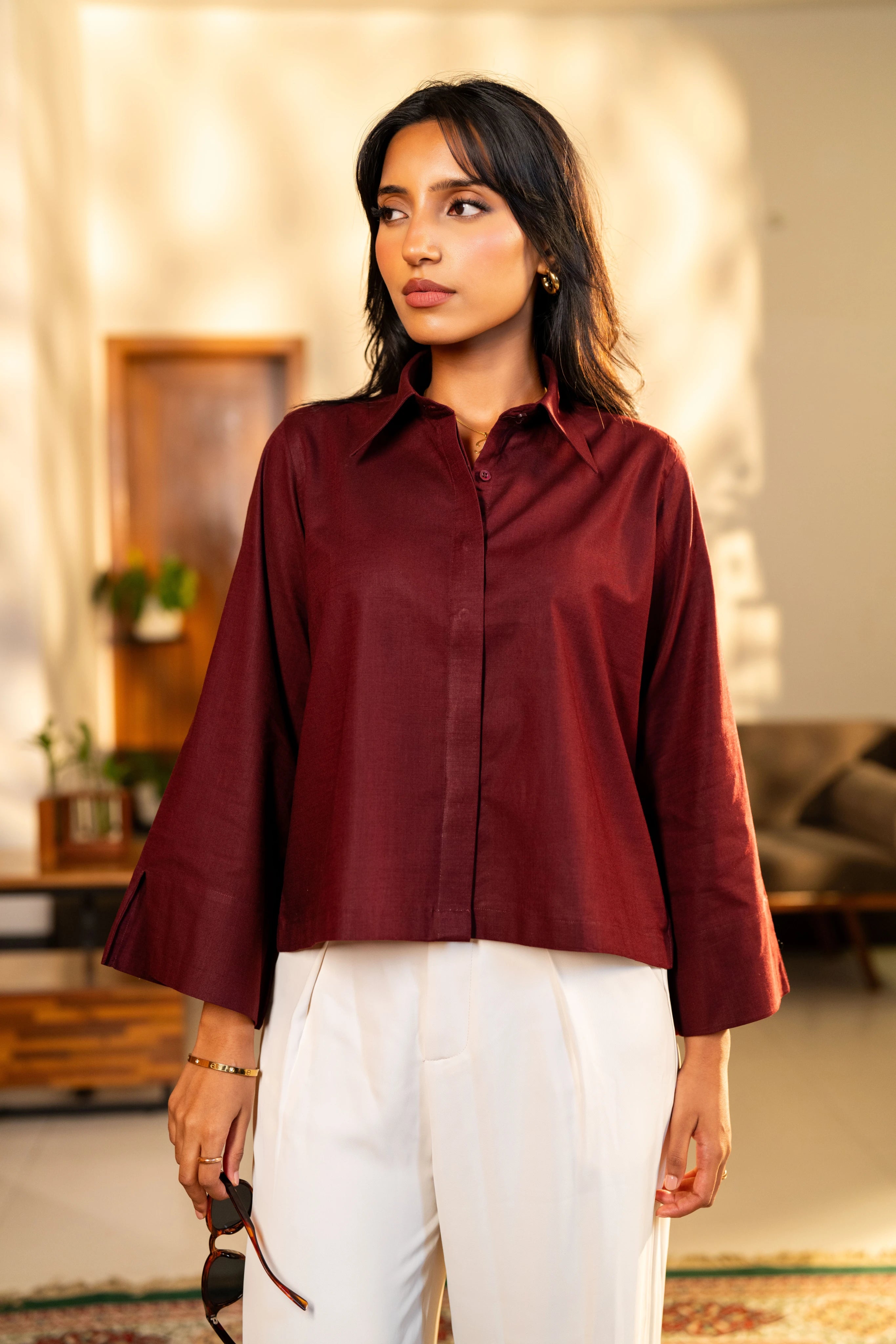 Maroon Linen - Women's Boxy Fit Shirt