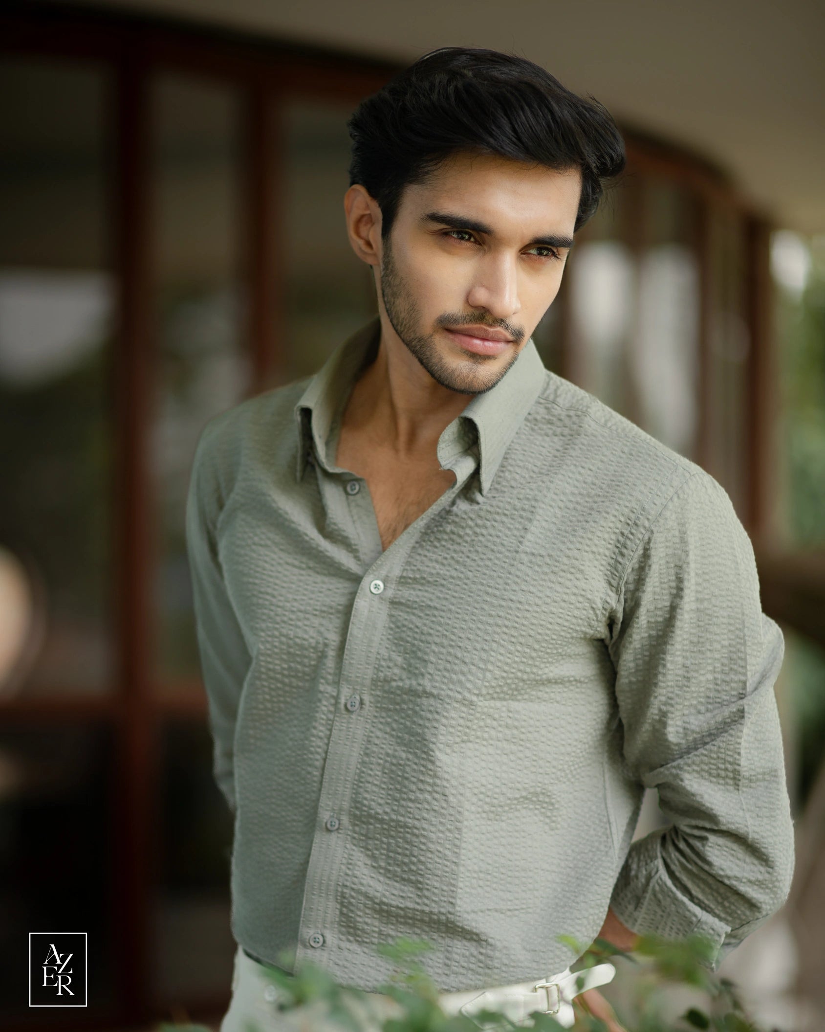 Dusty Green Seersucker - Full Sleeve Semi-Formal Shirt